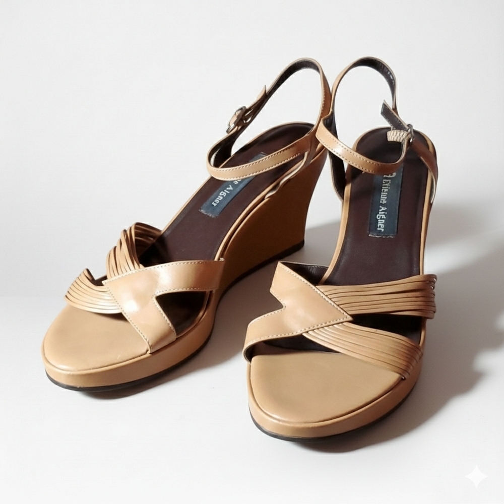 Etienne Aigner Size 9.5 Vintage Leather Wedge Tan Strappy Sandal Felicity Brazil